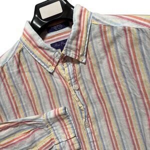 Alan Flusser Mens Linen Blend Shirt Large Striped Button Down Multicolor Pastel